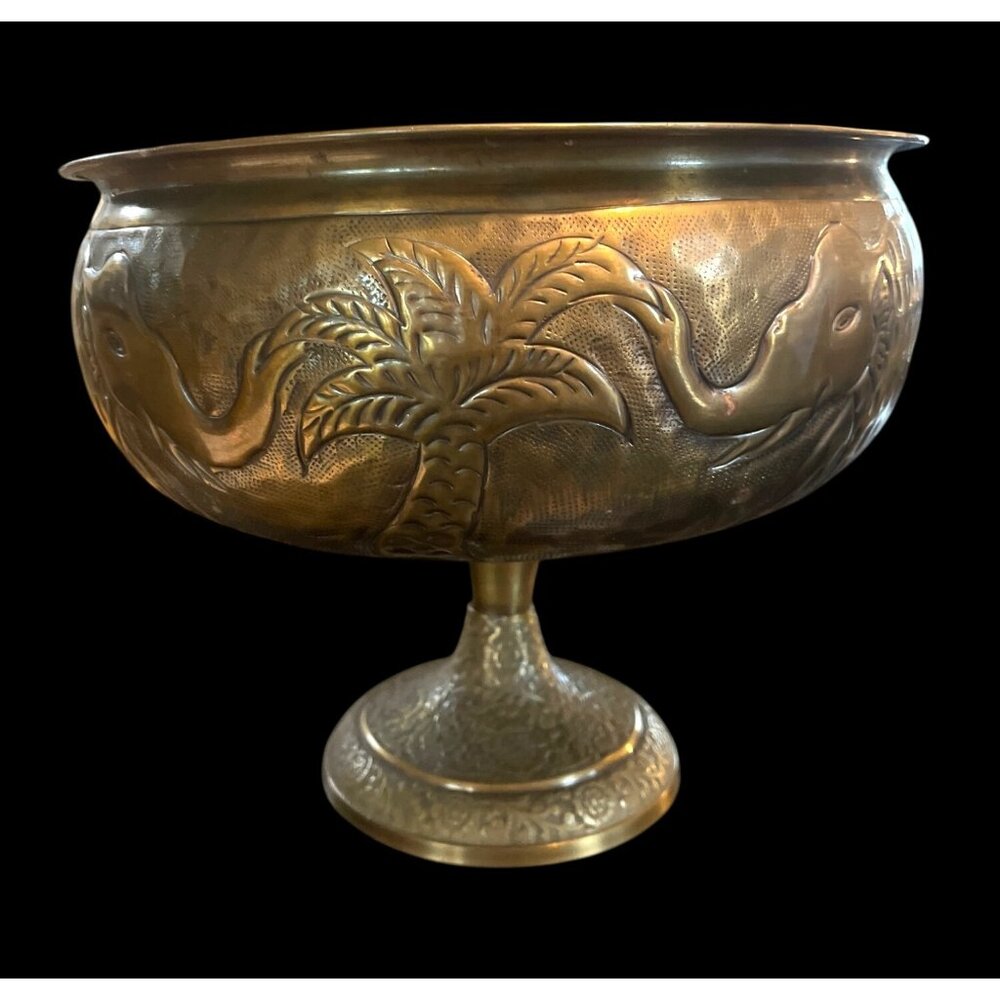 Vtg Lacquered Brass Pedestal Bowl Made In India Etched Elephants Palm Trees - Picture 3 of 7
